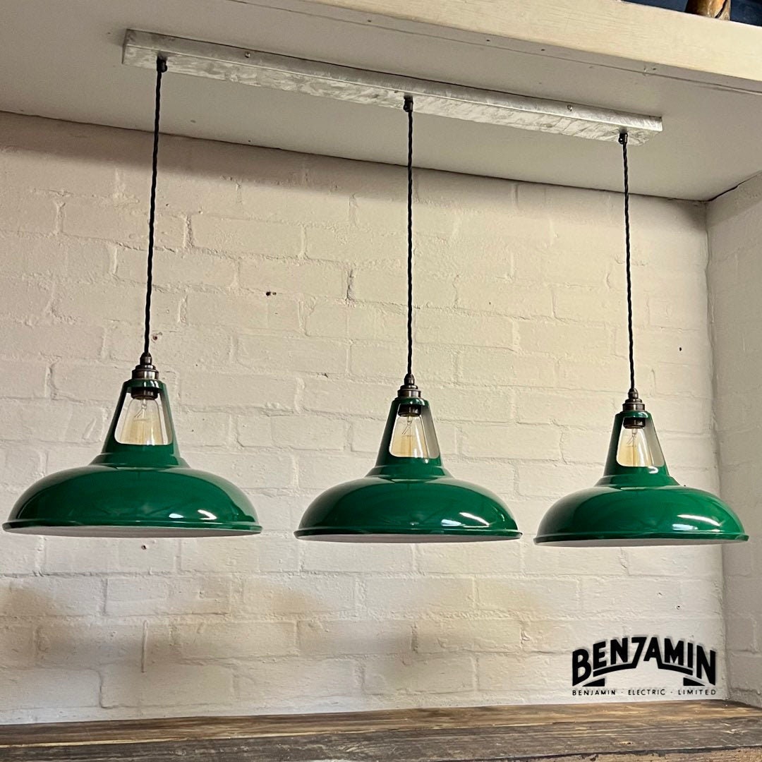 Cawston XL ~ 3 x Solid Original Green Shade 1932 Design Pendant Set Track Light | Dining Room | Kitchen Table | Vintage