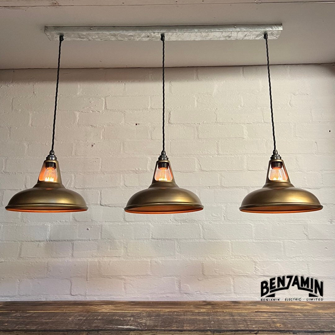 Cawston ~ 3 x Antique Brass Shade 1932 Design Pendant Set Galvanised Track Light | Dining Room | Kitchen Table | Vintage