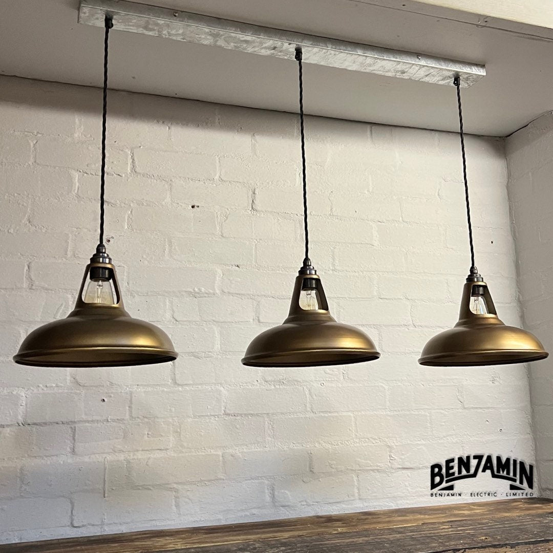 Cawston ~ 3 x Antique Brass Shade 1932 Design Pendant Set Galvanised Track Light | Dining Room | Kitchen Table | Vintage