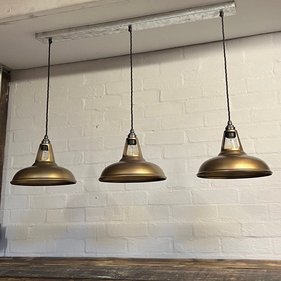 Cawston ~ 3 x Antique Brass Shade 1932 Design Pendant Set Galvanised Track Light | Dining Room | Kitchen Table | Vintage