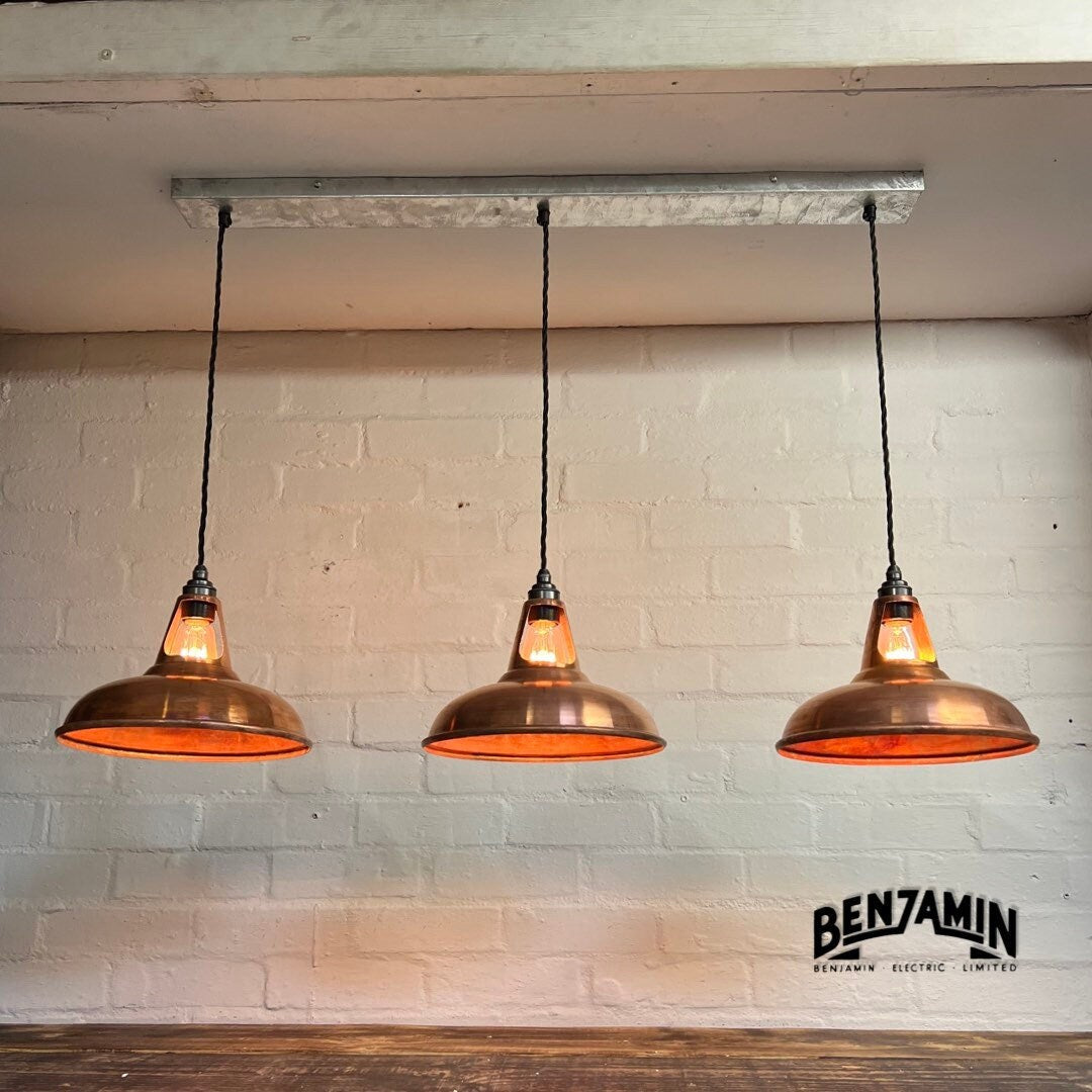 Cawston ~ 3 x Antique Copper Shade 1932 Design Pendant Set Galvanised Cluster Track Light | Dining Room | Kitchen Table | Vintage **Worn**