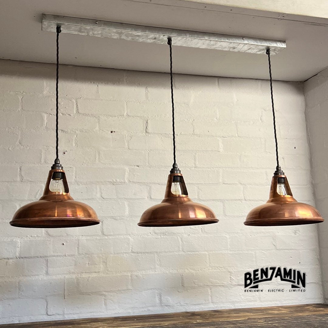 Cawston ~ 3 x Antique Copper Shade 1932 Design Pendant Set Galvanised Cluster Track Light | Dining Room | Kitchen Table | Vintage **Worn**