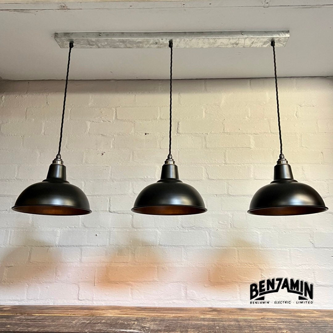 Salthouse ~ 3 x Matt Black Shade Design Pendant Set Track Light | Dining Room | Kitchen Table | Vintage