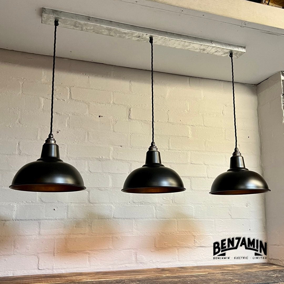 Salthouse ~ 3 x Matt Black Shade Design Pendant Set Track Light | Dining Room | Kitchen Table | Vintage