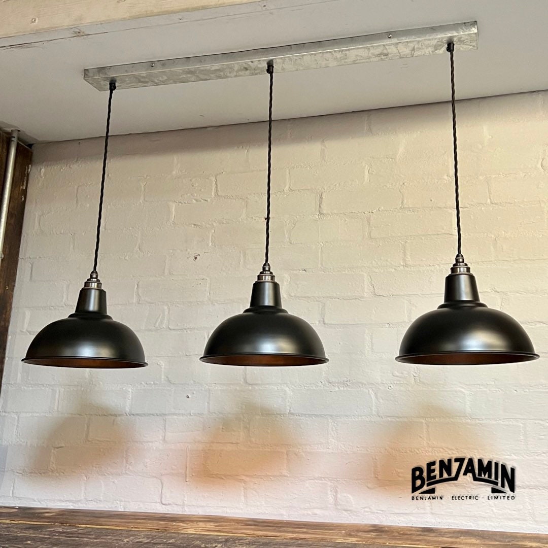 Salthouse ~ 3 x Matt Black Shade Design Pendant Set Track Light | Dining Room | Kitchen Table | Vintage