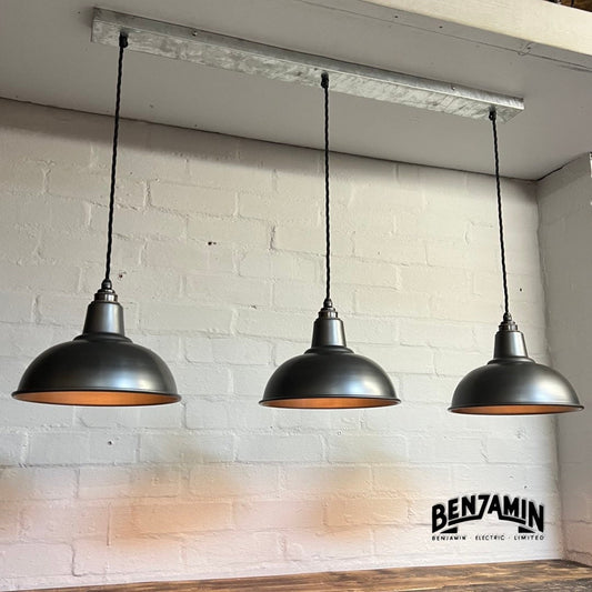 Salthouse ~ 3 x Pewter Shade Design Pendant Set Track Cluster Light | Dining Room | Kitchen Table | Vintage
