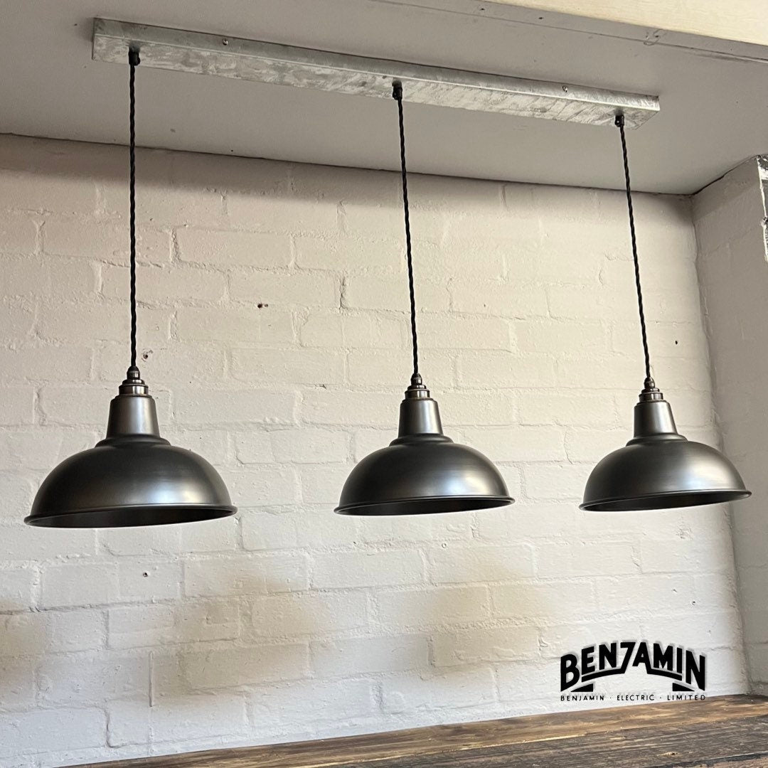Salthouse ~ 3 x Pewter Shade Design Pendant Set Track Cluster Light | Dining Room | Kitchen Table | Vintage