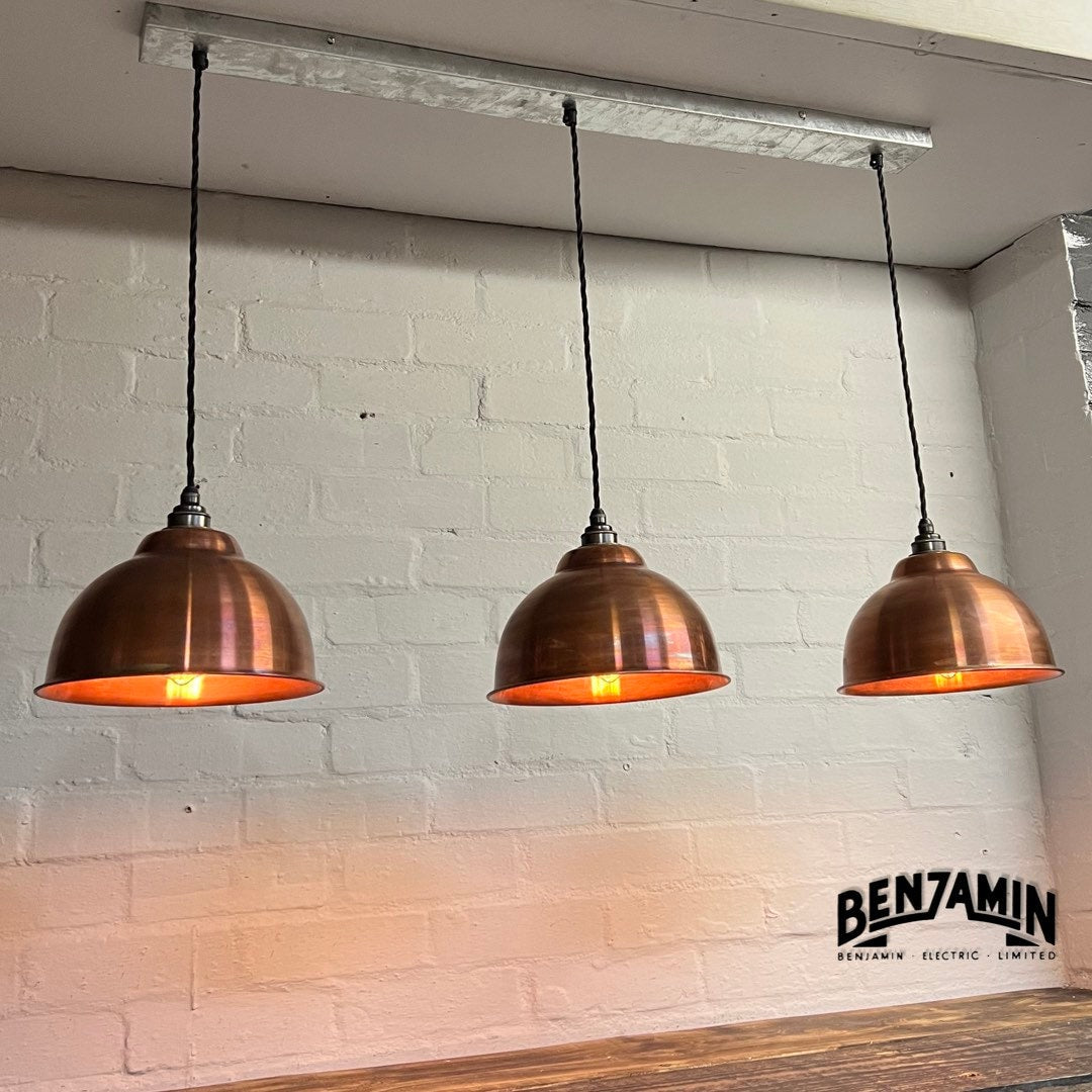 Morley ~ 3 x Antique Copper Shade Design Pendant Set Track Light | Dining Room | Kitchen Table Cluster | Vintage
