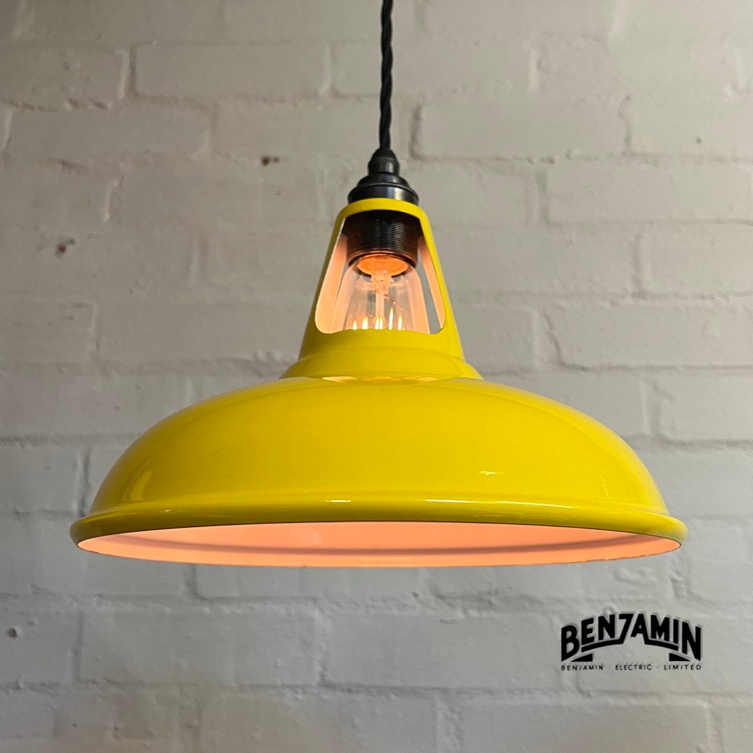 Cawston ~ Deep Yellow 3 x Solid Shade 1932 Design Pendant Set Galvanised Track Light | Dining Room | Kitchen Table | Vintage