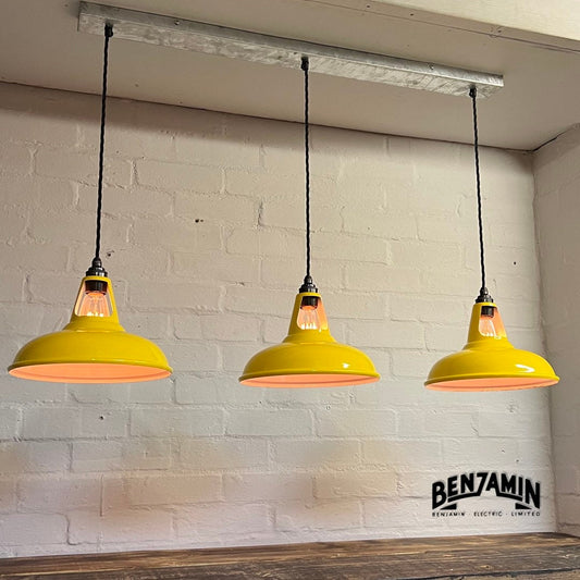 Cawston ~ Deep Yellow 3 x Solid Shade 1932 Design Pendant Set Galvanised Track Light | Dining Room | Kitchen Table | Vintage