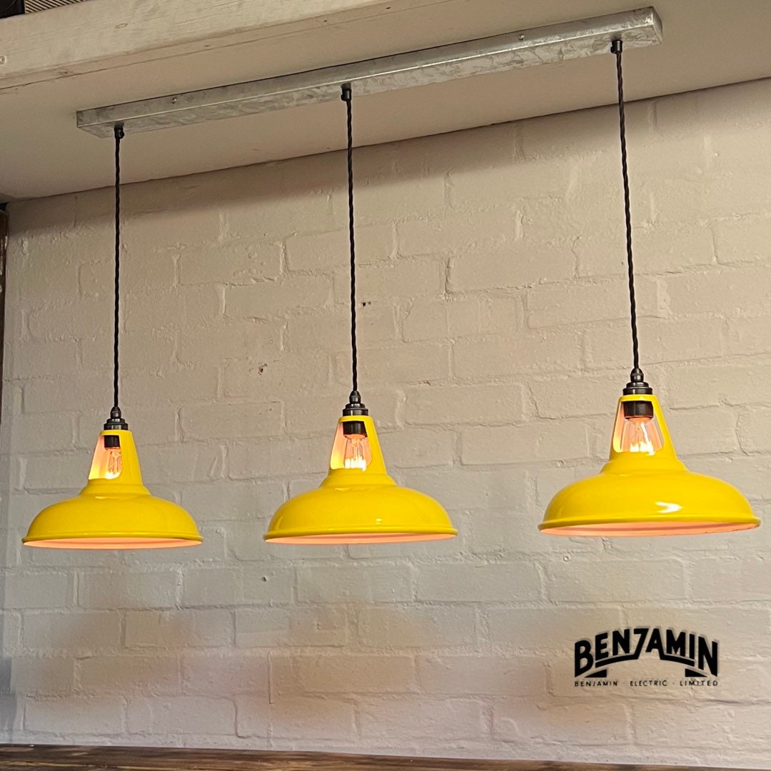Cawston ~ Deep Yellow 3 x Solid Shade 1932 Design Pendant Set Galvanised Track Light | Dining Room | Kitchen Table | Vintage