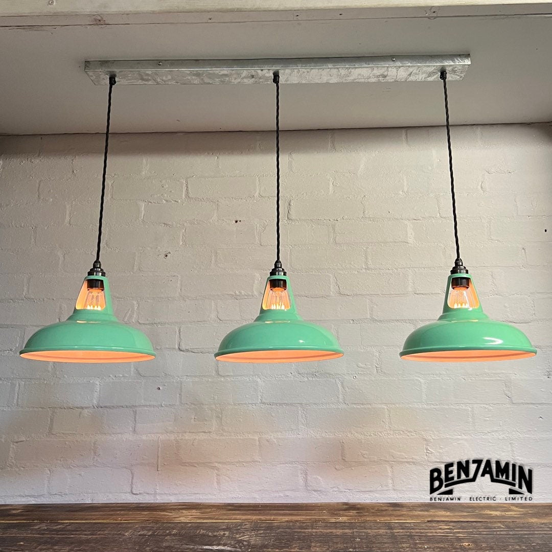 Cawston ~ Fresh Teal 3 x Solid Shade 1932 Design Pendant Set Galvanised Cluster Track Light | Dining Room | Kitchen Table | Vintage