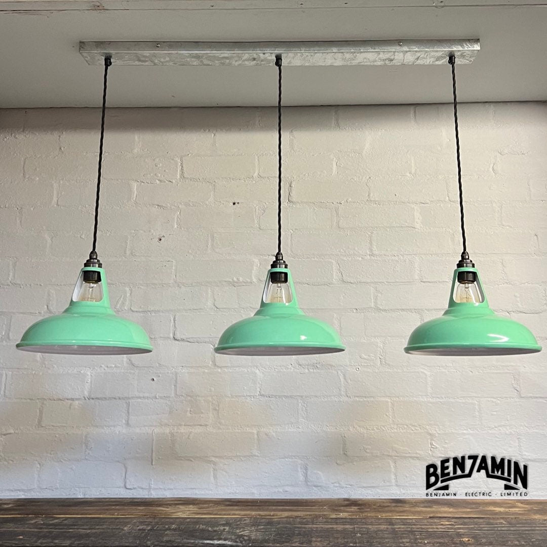 Cawston ~ Fresh Teal 3 x Solid Shade 1932 Design Pendant Set Galvanised Cluster Track Light | Dining Room | Kitchen Table | Vintage
