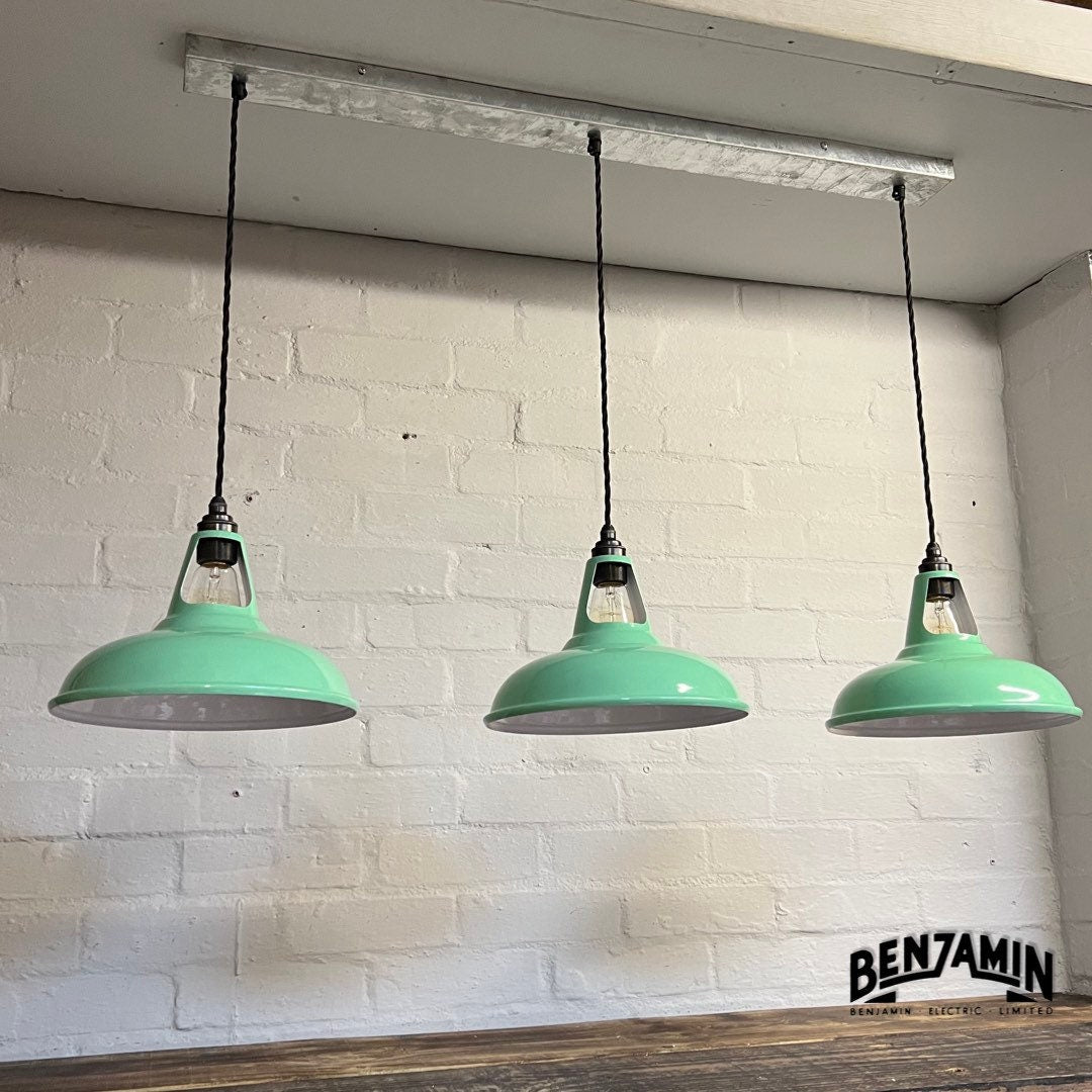 Cawston ~ Fresh Teal 3 x Solid Shade 1932 Design Pendant Set Galvanised Cluster Track Light | Dining Room | Kitchen Table | Vintage