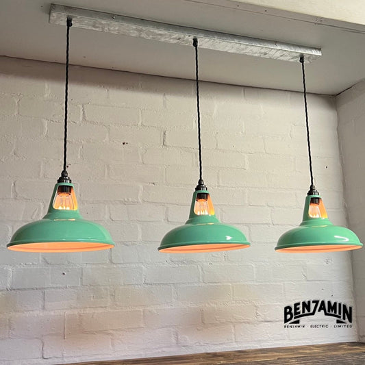 Cawston ~ Fresh Teal 3 x Solid Shade 1932 Design Pendant Set Galvanised Cluster Track Light | Dining Room | Kitchen Table | Vintage
