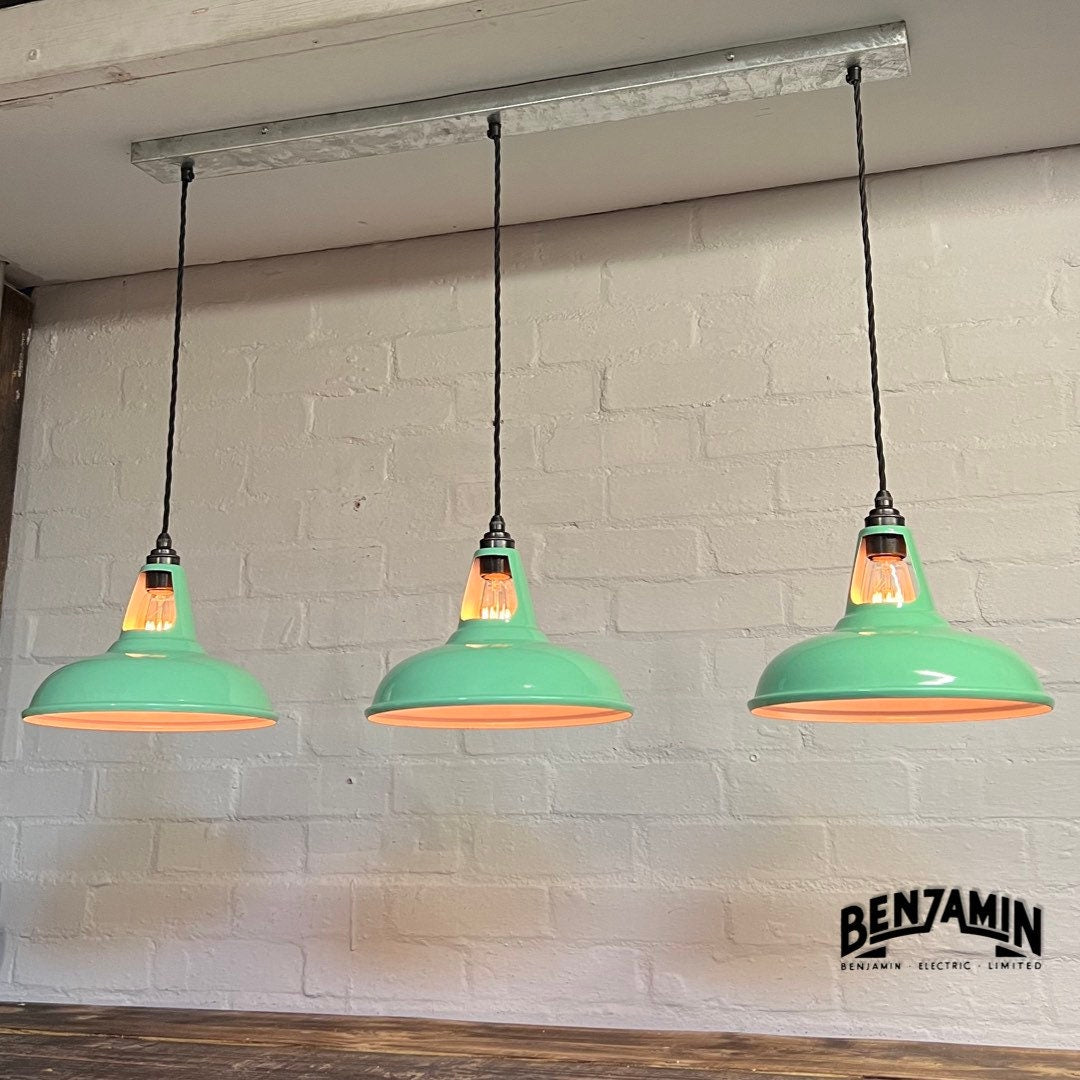 Cawston ~ Fresh Teal 3 x Solid Shade 1932 Design Pendant Set Galvanised Cluster Track Light | Dining Room | Kitchen Table | Vintage