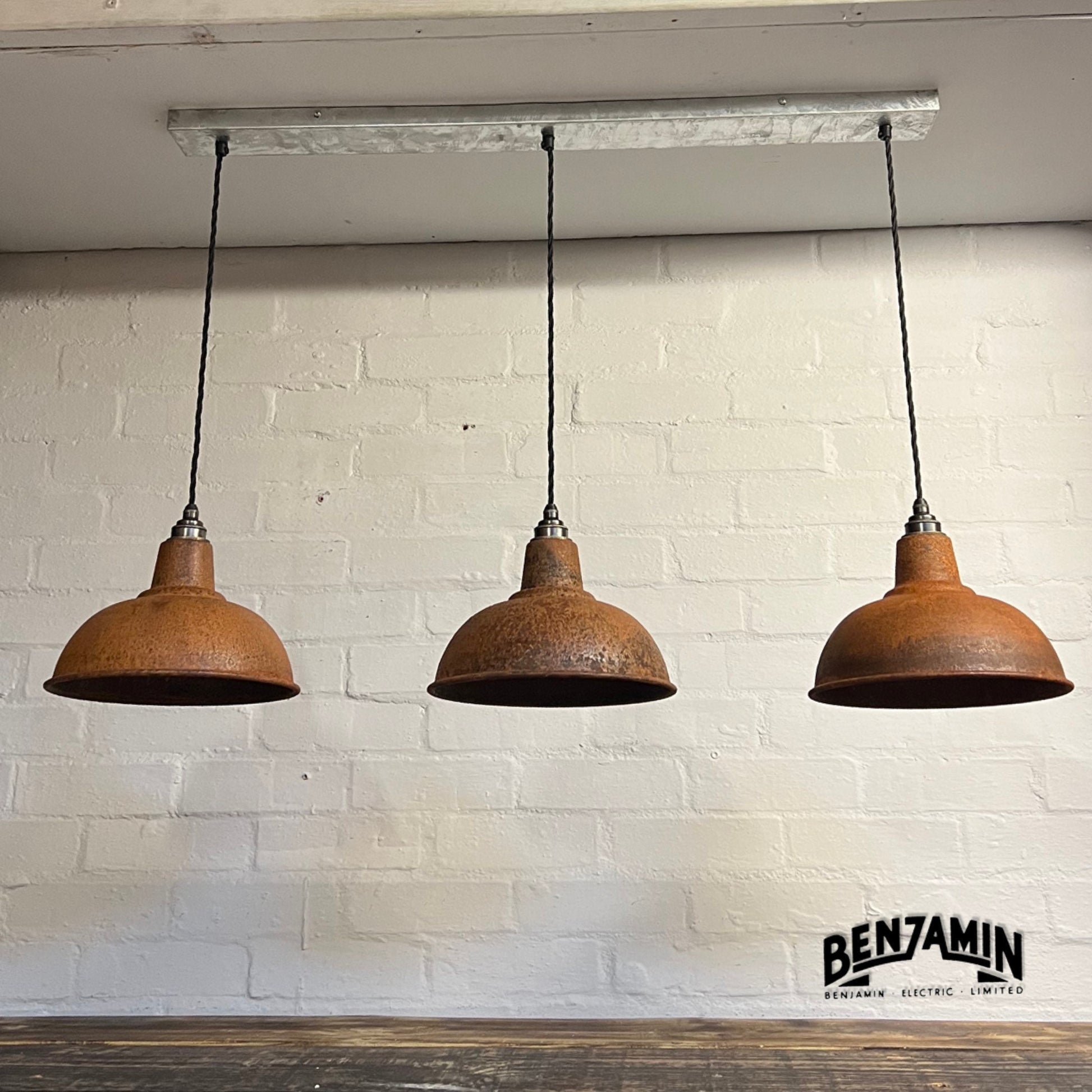 Salthouse ~ 3 x Solid Rusted Steel Shade Design Pendant Set Track Cluster Light | Dining Room | Kitchen Table | Vintage