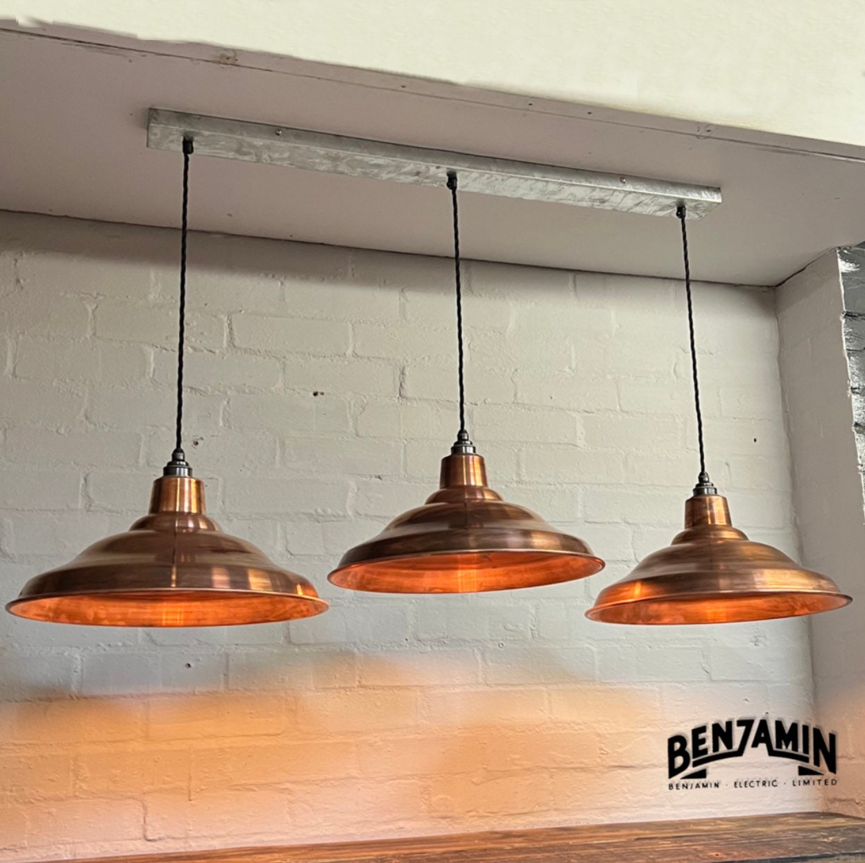 Bawsey ~ 3 x Antique Copper Shade Design Pendant Wire Set Track Cluster Dome Light | 16 Inch | Dining Room | Kitchen Table | Vintage