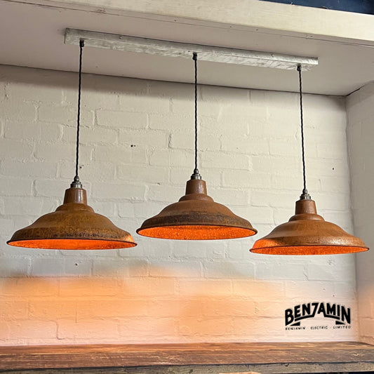 Bawsey ~ 3 x Rusted Shade Design Pendant Wire Set Track Cluster Dome Light | 16 Inch | Dining Room | Kitchen Table | Vintage