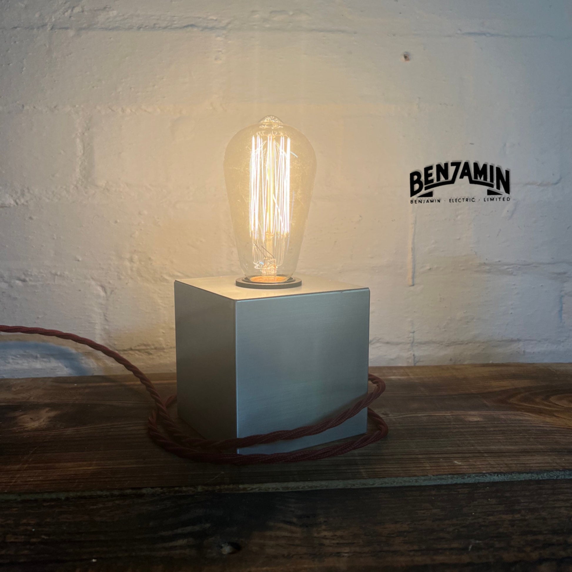 Square Pewter Bedside Lamp | Fabric Cable | Bedroom | Table Light | Vintage Retro 1 x Edison Filament Bulb