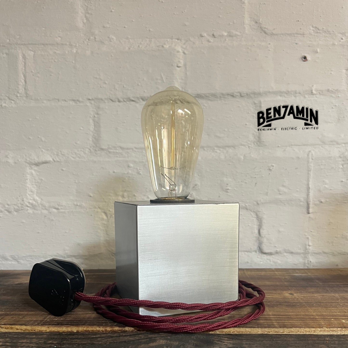 Square Pewter Bedside Lamp | Fabric Cable | Bedroom | Table Light | Vintage Retro 1 x Edison Filament Bulb