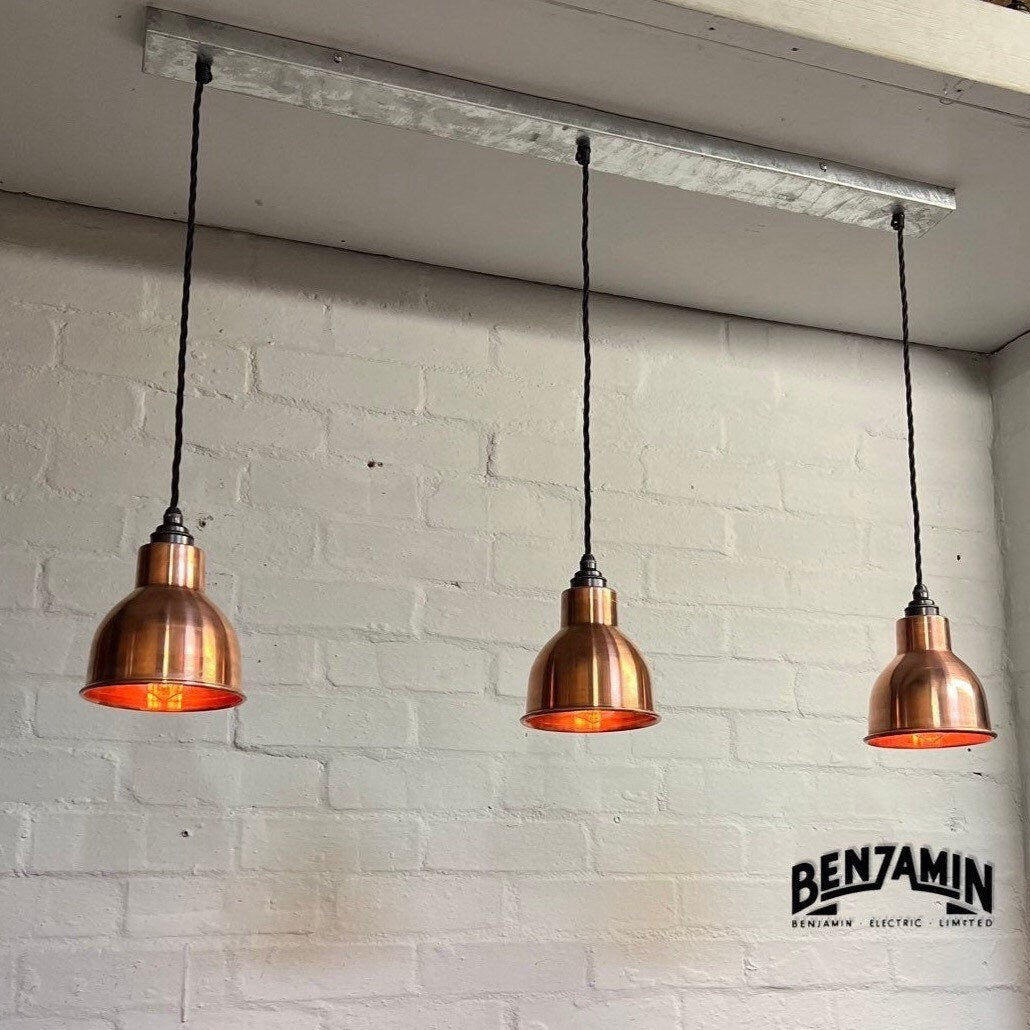 Metton ~ 3 x Antique Copper Shade “MEK” Design Pendant Set Track Light | Dining Room | Kitchen Table | Vintage