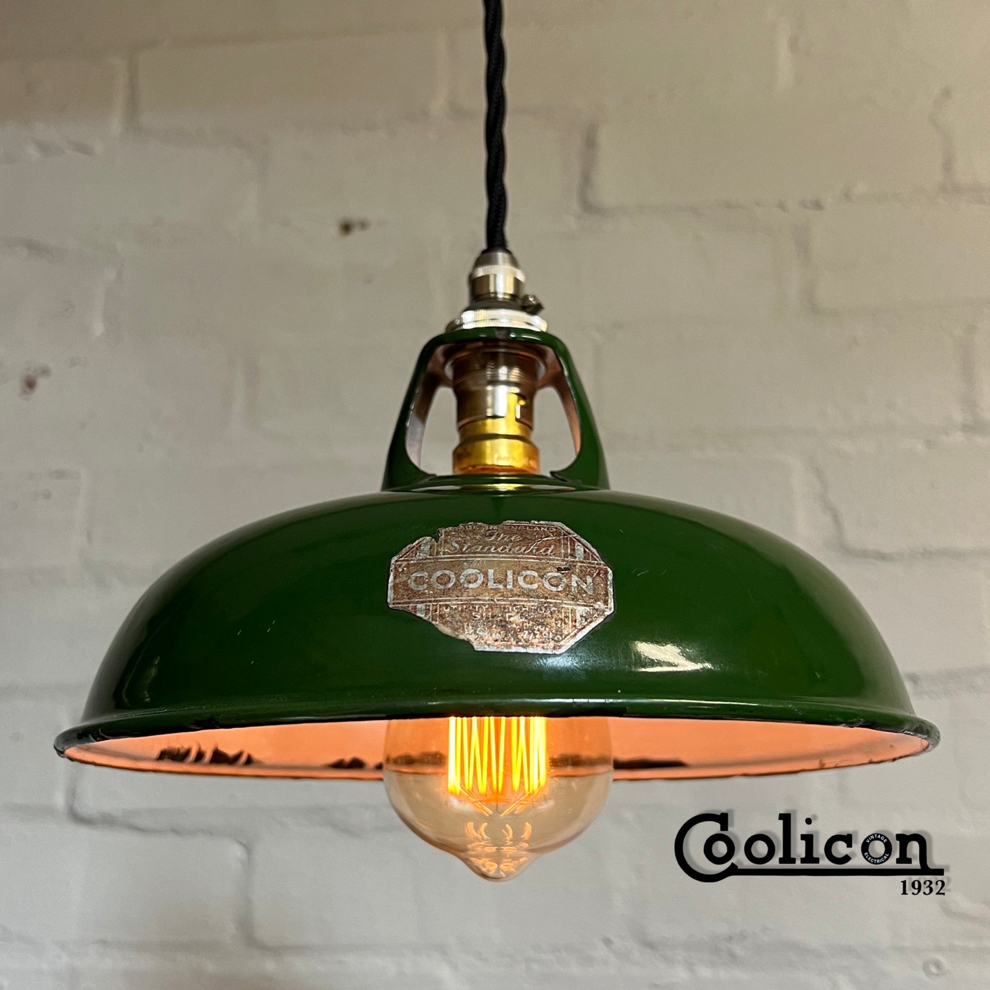 Geniune Green Solid Coolicon 1932 Shade Pendant Wire Set Light | 9 Inch | Ceiling Dining Room | Antique Restored | Kitchen Table | Vintage