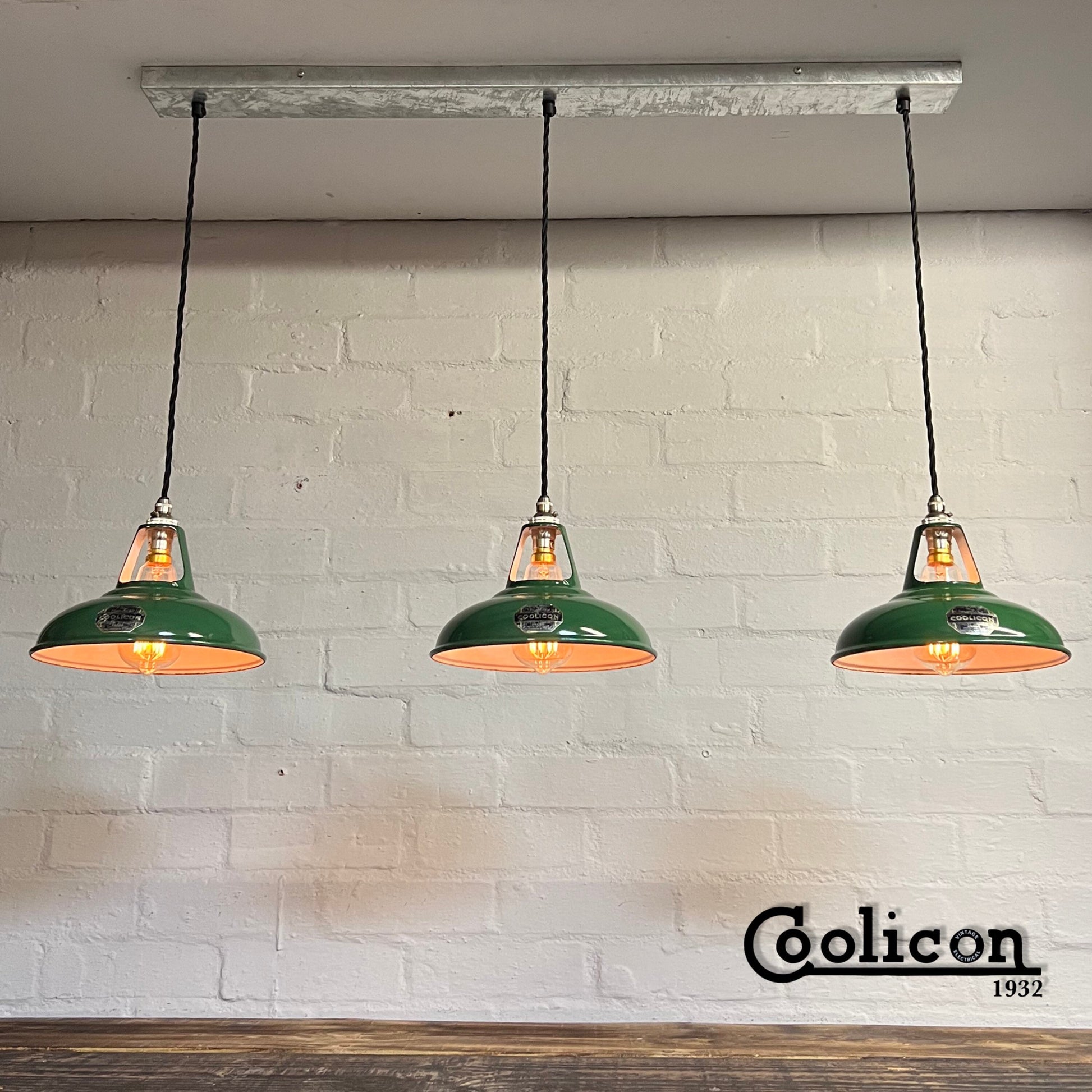 Cawston ~ 3 x Genuine Antique Coolicon Solid Shade 1932 Design Pendant Set Galvanised Track Light | Dining Room | Kitchen Table | Vintage