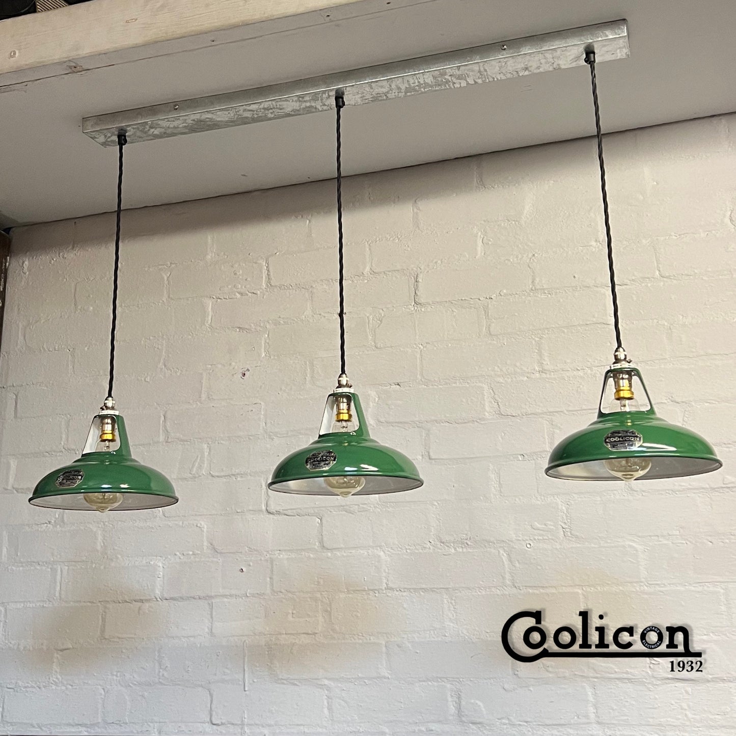 Cawston ~ 3 x Genuine Antique Coolicon Solid Shade 1932 Design Pendant Set Galvanised Track Light | Dining Room | Kitchen Table | Vintage