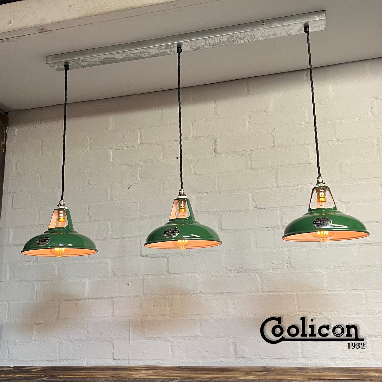 Cawston ~ 3 x Genuine Antique Coolicon Solid Shade 1932 Design Pendant Set Galvanised Track Light | Dining Room | Kitchen Table | Vintage