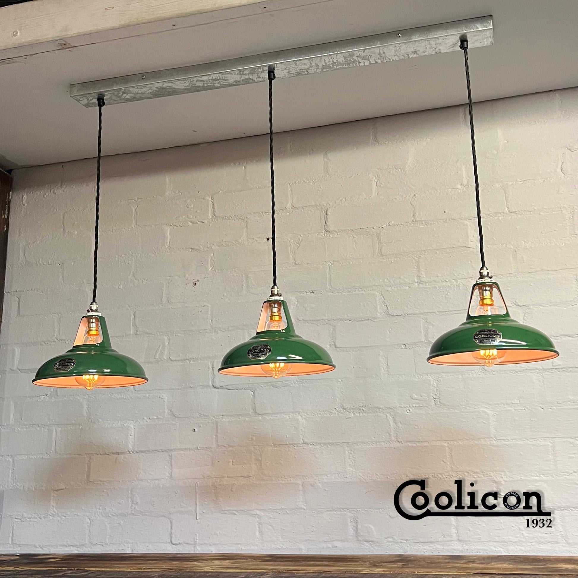 Cawston ~ 3 x Genuine Antique Coolicon Solid Shade 1932 Design Pendant Set Galvanised Track Light | Dining Room | Kitchen Table | Vintage