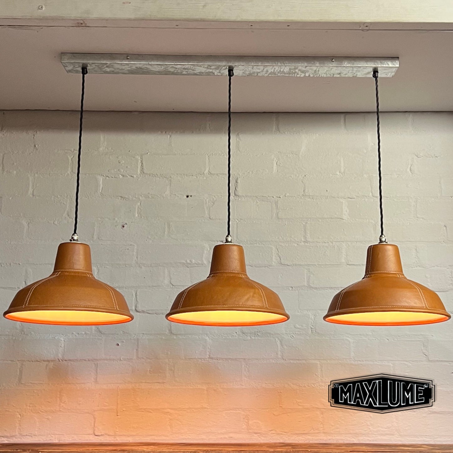 Filby ~ 3 x Tan Leather Shade RLM 1921 Design Pendant Set Galvanised Track Light | Dining Room | Kitchen Table | Vintage