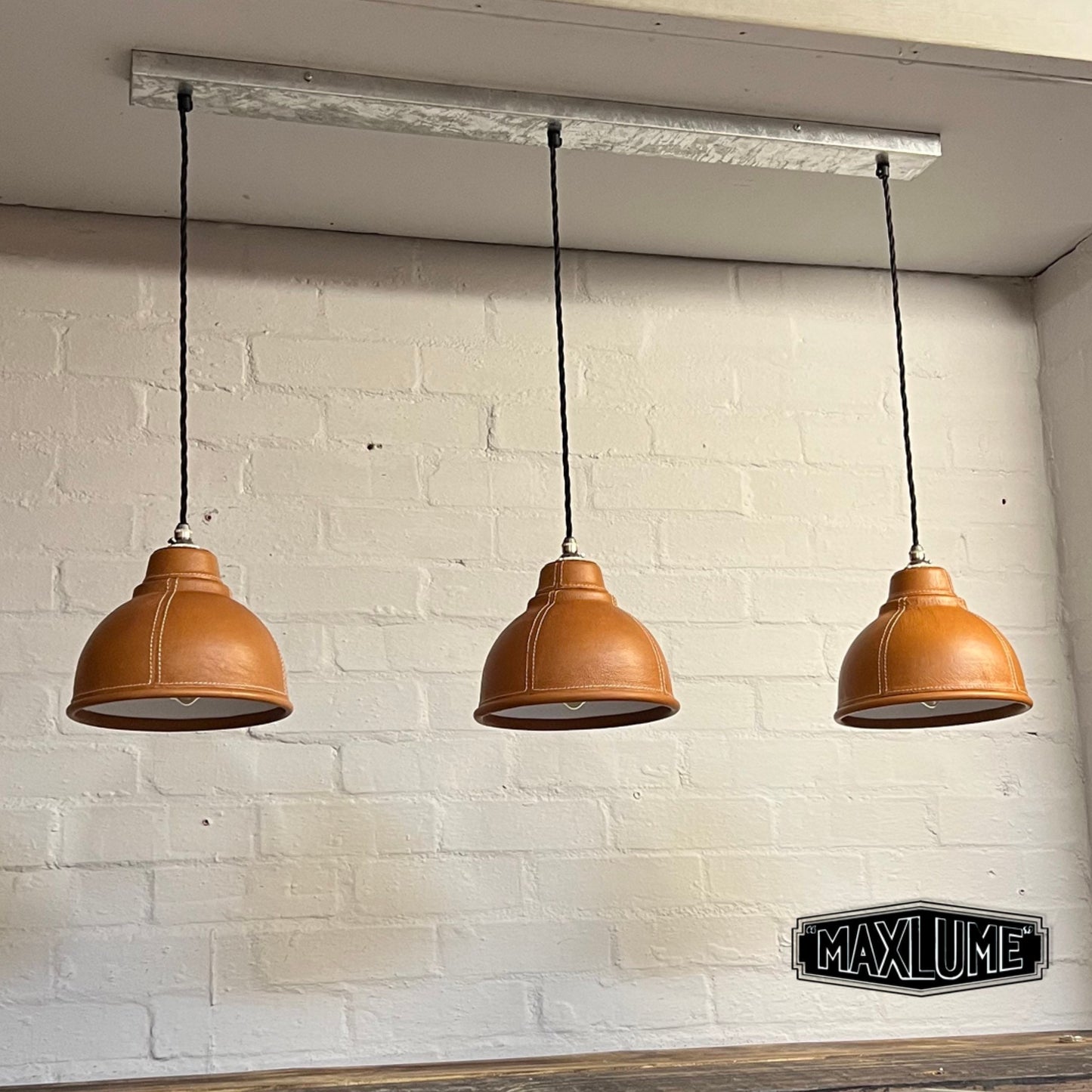 Trimingham ~ 3 x Small Genuine Leather Steel Shade Design Pendant Set Triple Cluster Track Light | Dining Room | Kitchen Table | Vintage