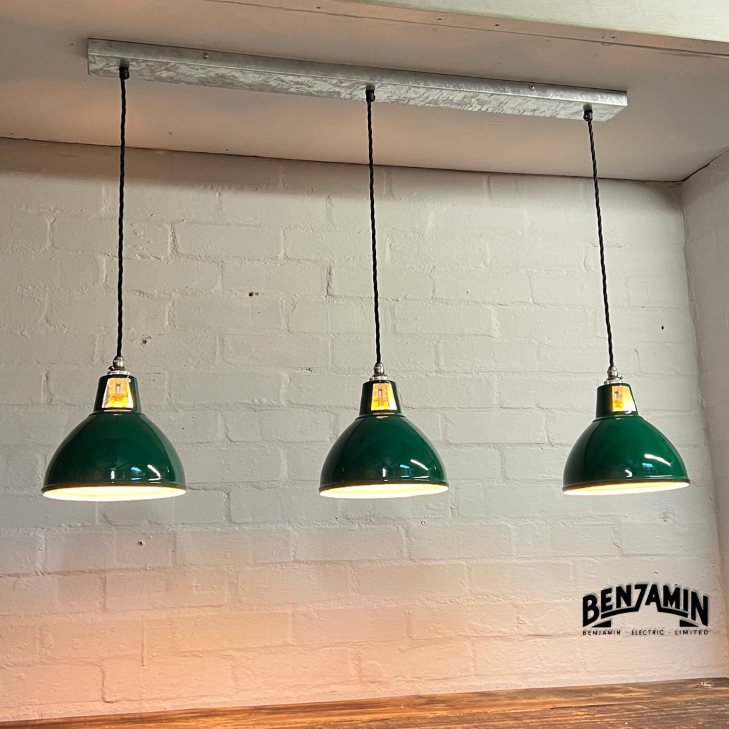 Shropham ~ 3 x Original Green Shade Design Pendant Wire Set Galvanised Track | 8 Inch Vintage Dome Light | Dining Room | Kitchen Table