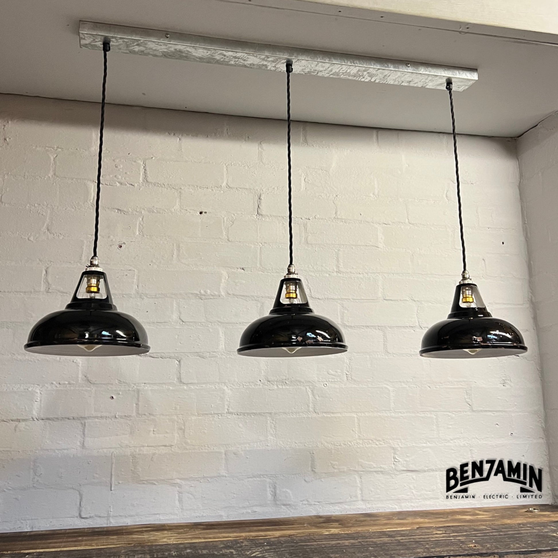 Cawston Small ~ **Worn** 3 x Solid Jet Black Shade 1932 Design Pendant Wire Set Track Light 9 Inch | Dining Room | Kitchen Table | Vintage