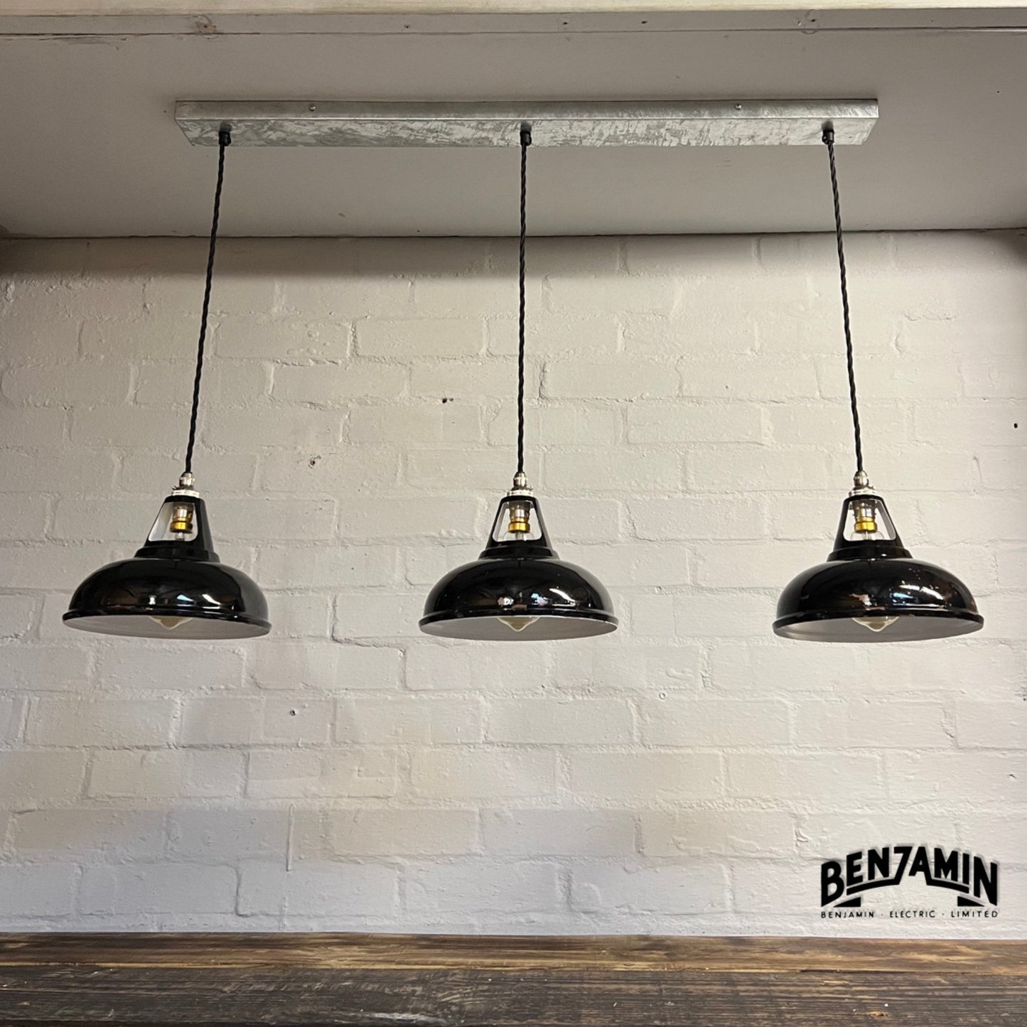 Cawston Small ~ **Worn** 3 x Solid Jet Black Shade 1932 Design Pendant Wire Set Track Light 9 Inch | Dining Room | Kitchen Table | Vintage