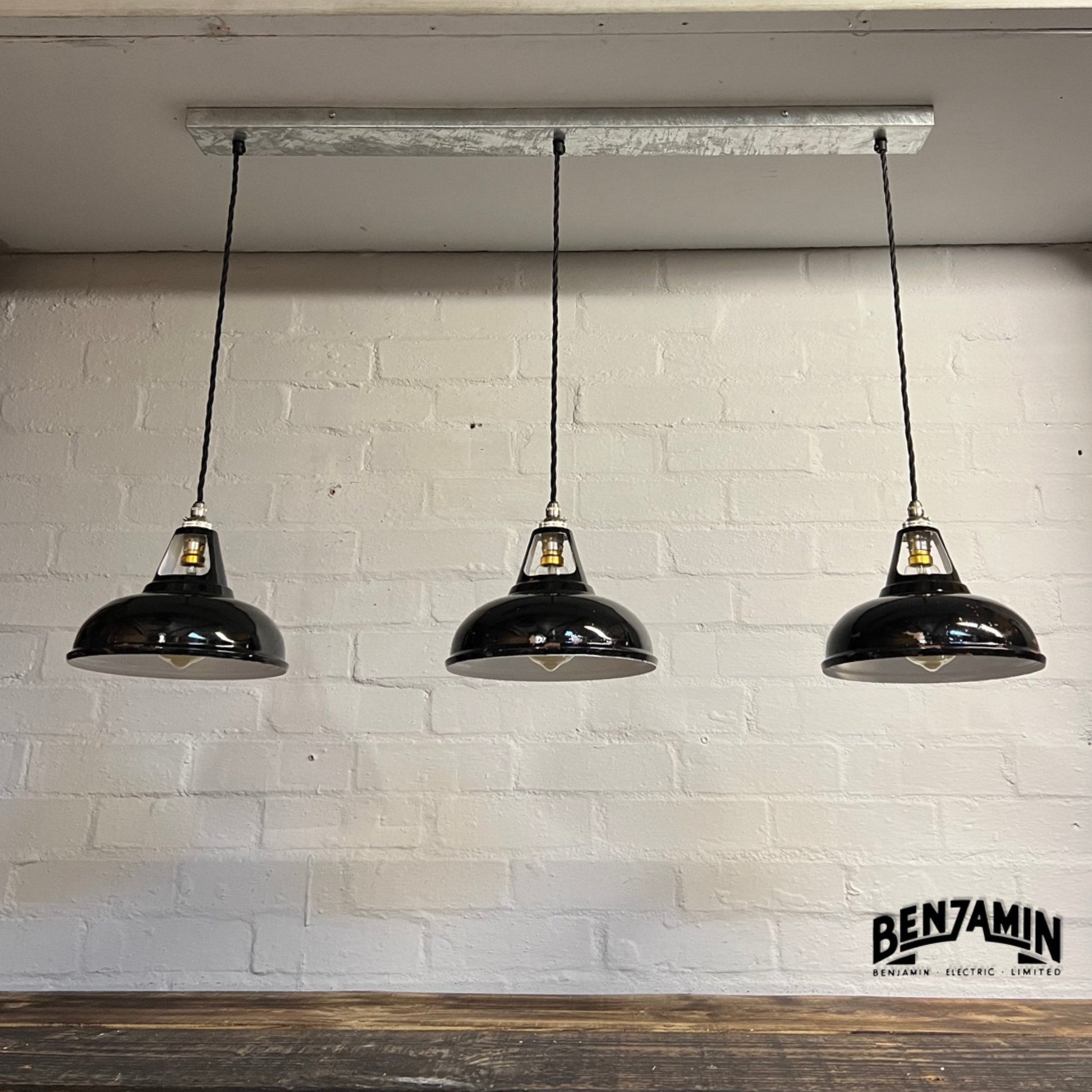 Cawston Small ~ **Worn** 3 x Solid Jet Black Shade 1932 Design Pendant Wire Set Track Light 9 Inch | Dining Room | Kitchen Table | Vintage