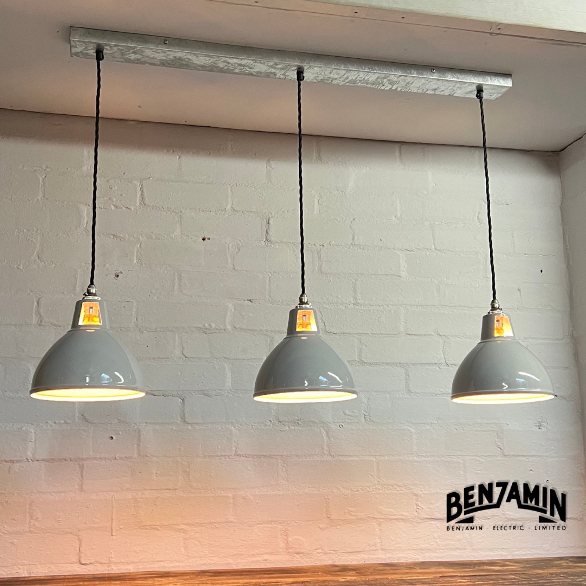 Shropham ~ 3 x Original Grey Shade Design Pendant Wire Set Galvanised Track | 8 Inch Vintage Dome Light | Dining Room | Kitchen Table