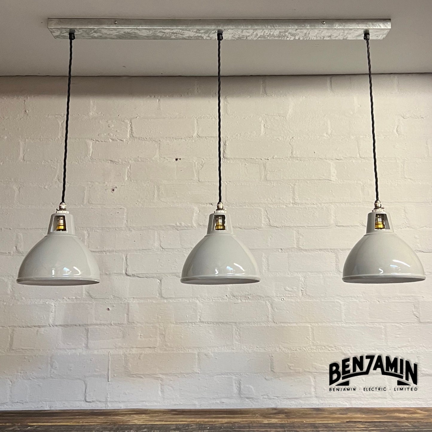 Shropham ~ 3 x Original Grey Shade Design Pendant Wire Set Galvanised Track | 8 Inch Vintage Dome Light | Dining Room | Kitchen Table