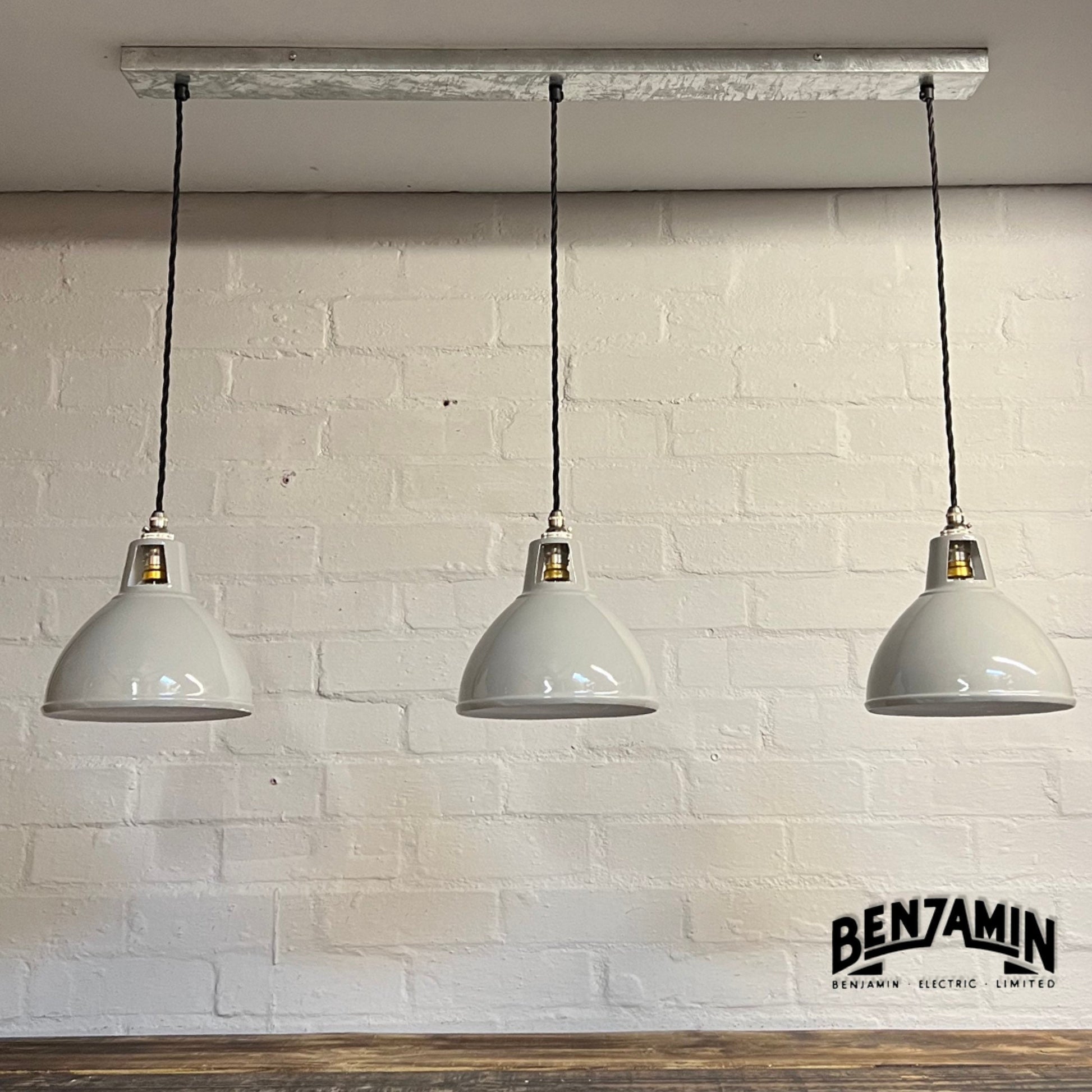 Shropham ~ 3 x Original Grey Shade Design Pendant Wire Set Galvanised Track | 8 Inch Vintage Dome Light | Dining Room | Kitchen Table