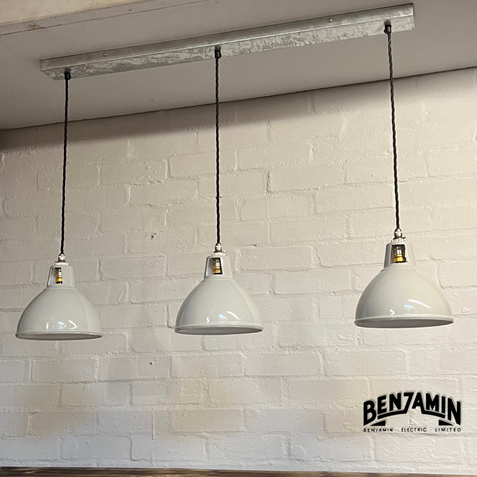 Shropham ~ 3 x Original Grey Shade Design Pendant Wire Set Galvanised Track | 8 Inch Vintage Dome Light | Dining Room | Kitchen Table