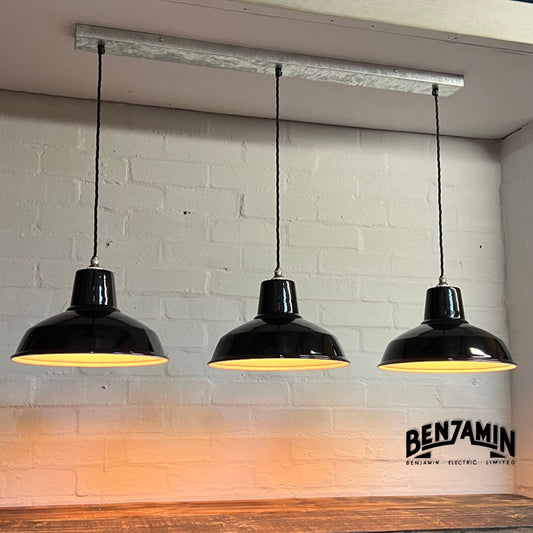 Filby ~ 3 x Jet Black Shade RLM 1921 Design Pendant Set Galvanised Track Light | Dining Room | Kitchen Table | Vintage