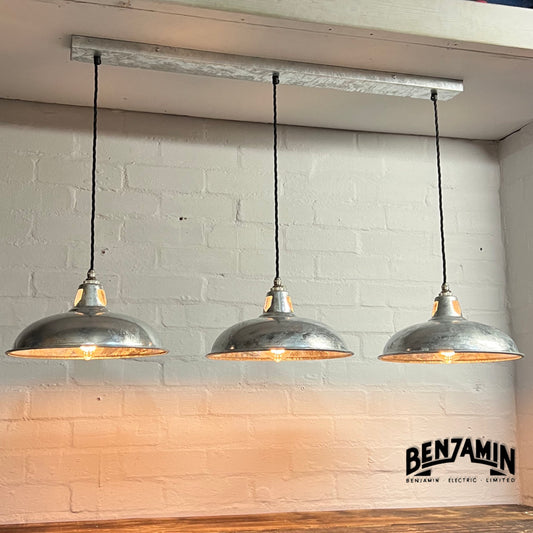 Sedgeford Coolie ~ 3 x Solid Galvanised Shade Design Pendant Set Track Cluster Light | Dining Room | Kitchen Table | Vintage