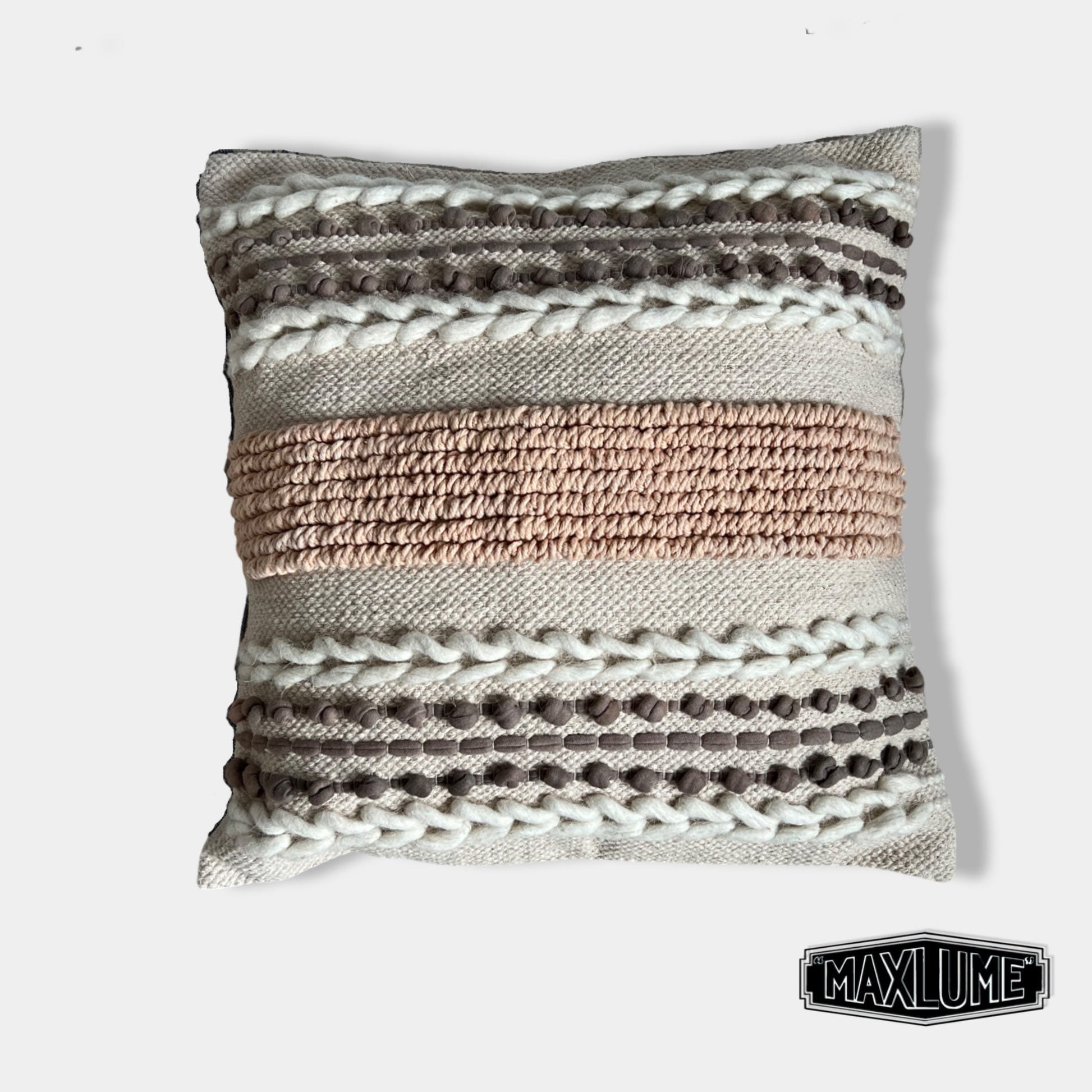 Maxlume ~ 18x18 Plaited Cushion, Woven Pillow Cover, Plait Detail, Braided Pillow, Wool Boho Filled