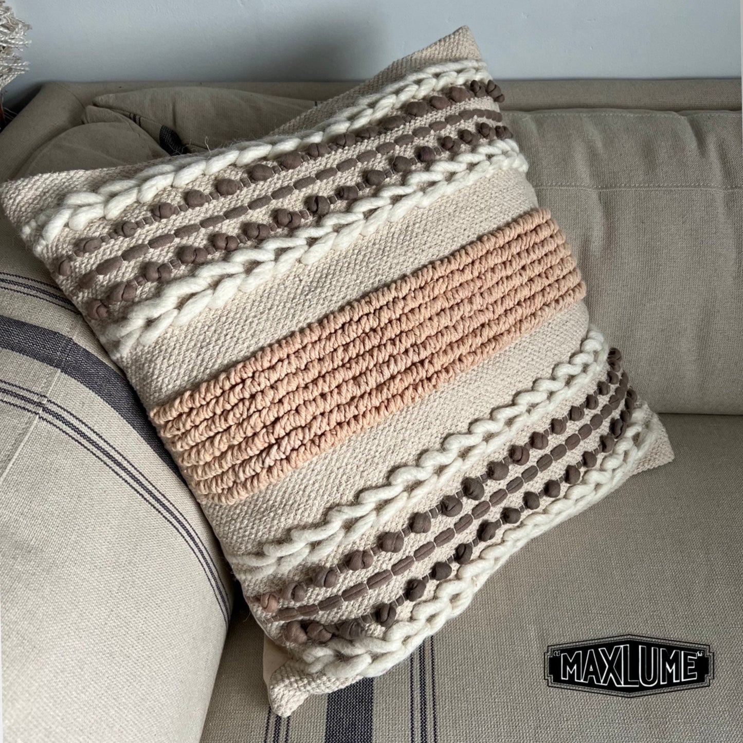 Maxlume ~ 18x18 Plaited Cushion, Woven Pillow Cover, Plait Detail, Braided Pillow, Wool Boho Filled