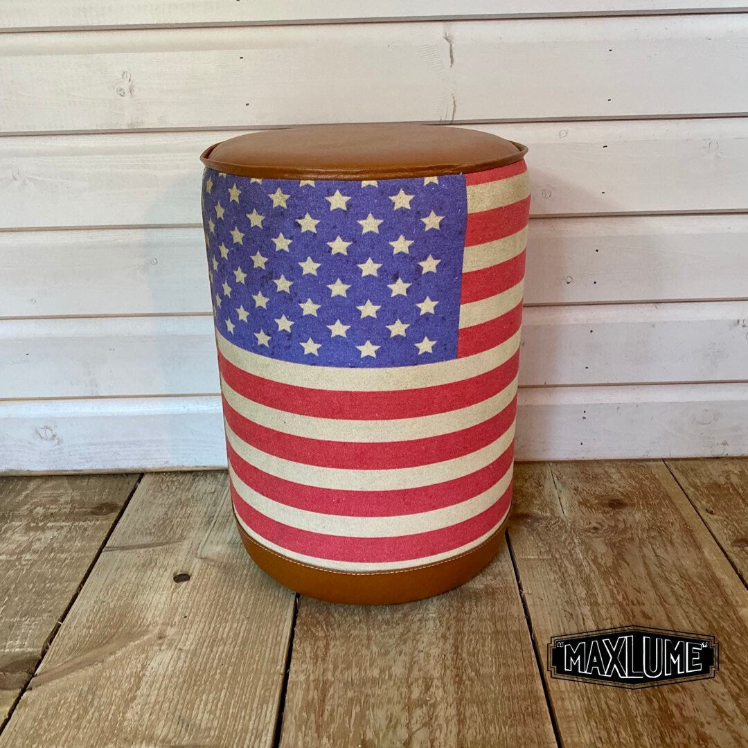 Stars & Stripes Flag Of The United States USA Pouf Solid Base Genuine Leather | Vintage Style | Floor Standing | Door Stop pouffe