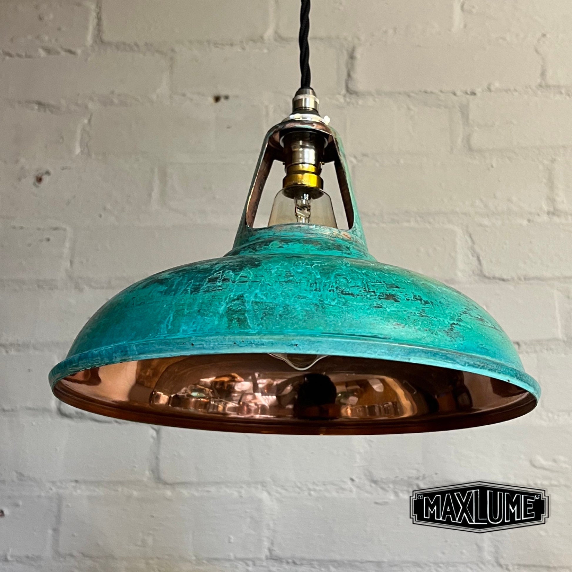 Cawston ~ 3 x Solid Copper Verdigris Shade 1932 Design Pendant Set Galvanised Track Light | Dining Room | Kitchen Table | Vintage