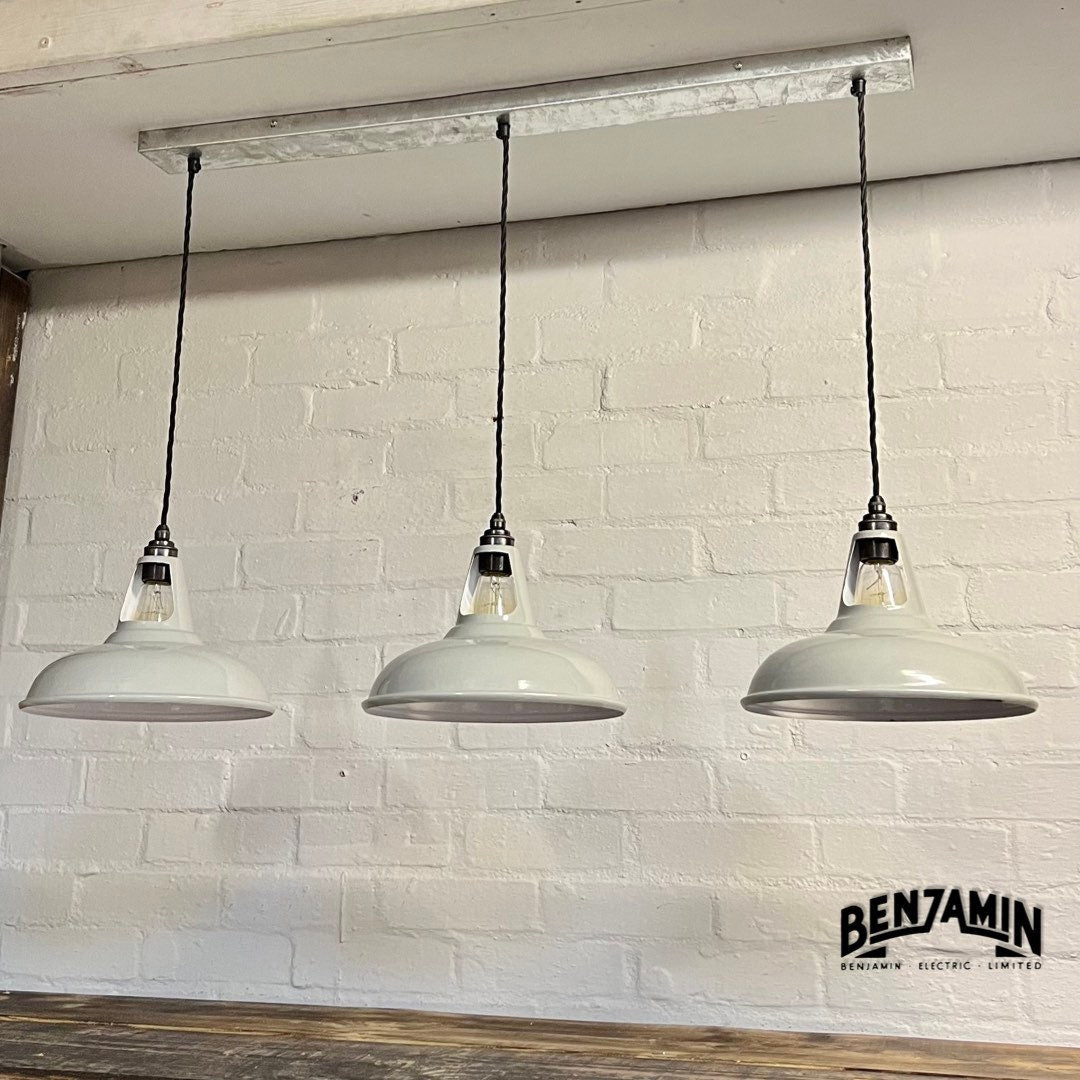 Cawston ~ 3 x Solid Grey Shade 1932 Design Pendant Set Track Light | Dining Room | Kitchen Table | Vintage