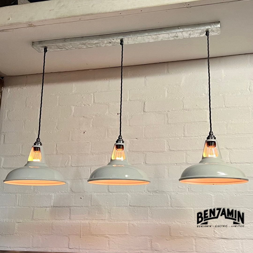 Cawston ~ 3 x Solid Grey Shade 1932 Design Pendant Set Track Light | Dining Room | Kitchen Table | Vintage