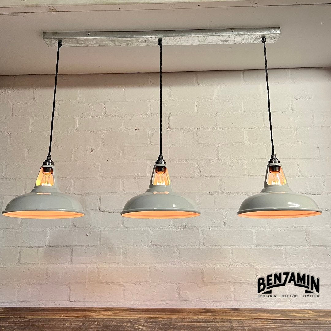 Cawston ~ 3 x Solid Grey Shade 1932 Design Pendant Set Track Light | Dining Room | Kitchen Table | Vintage
